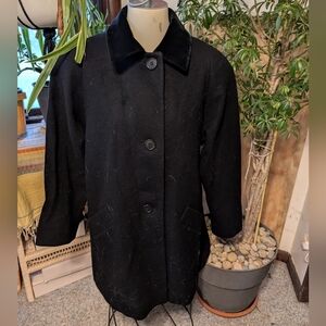Jones NY Black 100% Pure Wool Velvet Collar Winter Coat Sz 12